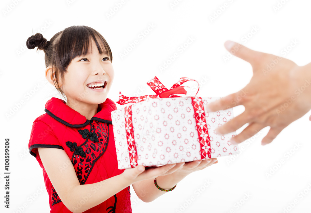 happy chinese new year.little girl giving gift box happy chinese new year.little girl giving gift box