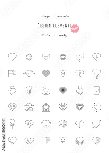 Big vintage set - Valentines Day, design elements, thin line ( variable line width )
