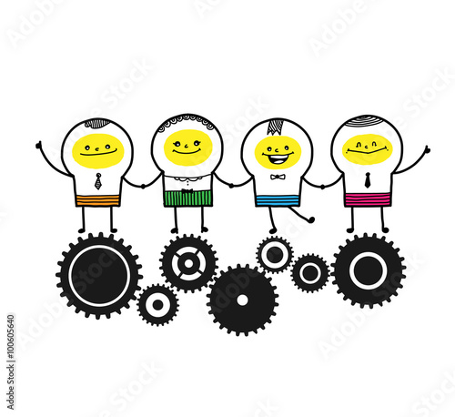 Teams / Four business peolpe stand on gears.