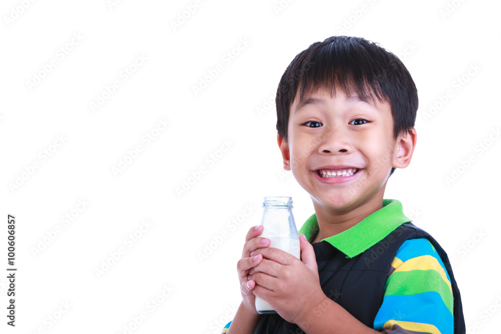 Close up boy smiling and holding bottle of milk, on white. Close up boy smiling and holding bottle of milk, on white.
