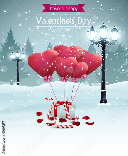 Beautiful Valentines day card width street lights heart shape balloons rose petals candy and a present, winter background.