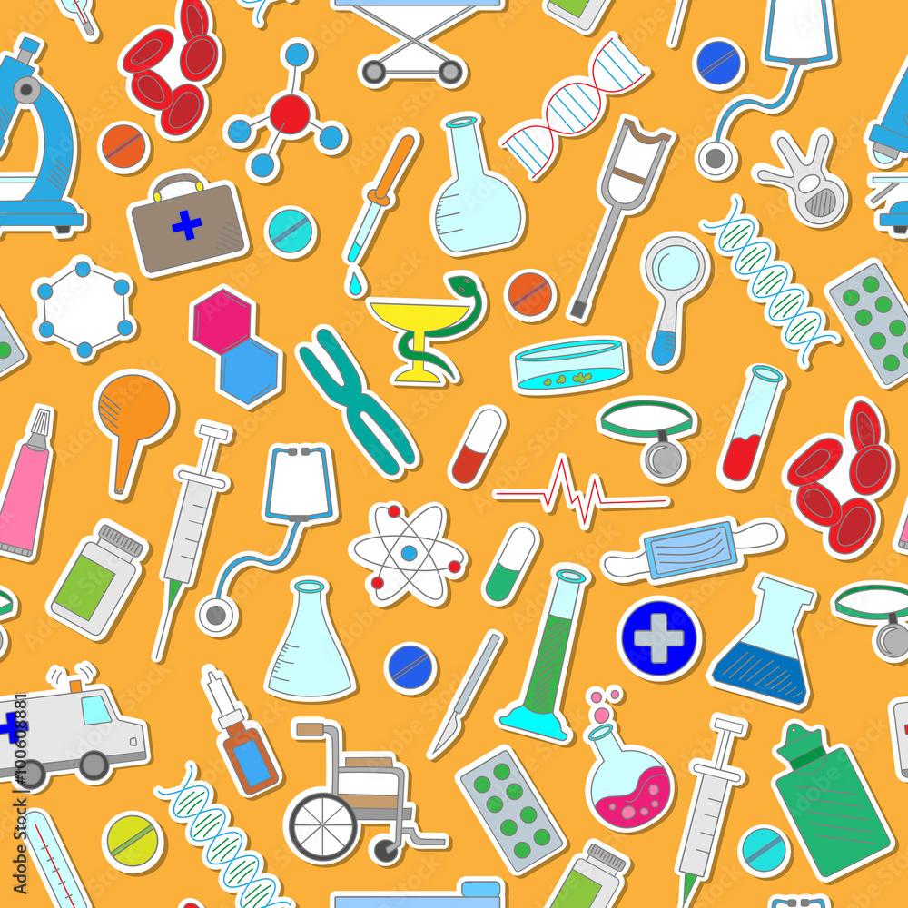 Seamless pattern with hand drawn icons on a theme medicine and health, the colored stickers on an orange background Seamless pattern with hand drawn icons on a theme medicine and health, the colored stickers on an orange background