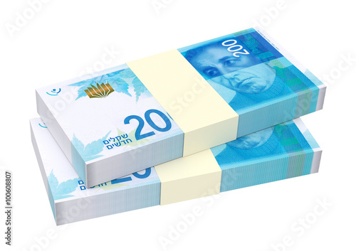 Israeli Shekel bills isolated on white background. Computer generated 3D photo rendering. photo