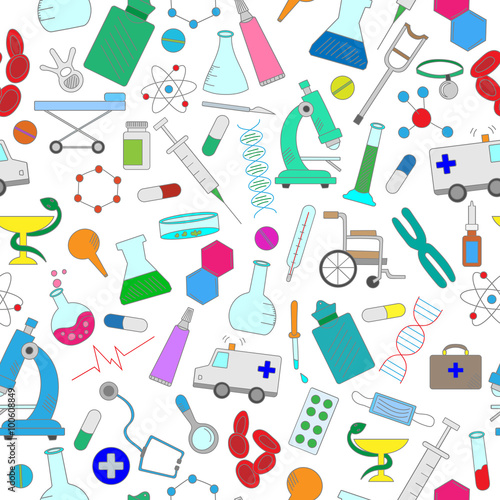 Seamless pattern with hand drawn icons on a theme medicine and health, the colored icons on white background