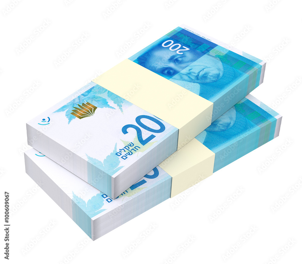 Israeli Shekel bills isolated on white background. Computer generated 3D photo rendering. Israeli Shekel bills isolated on white background. Computer generated 3D photo rendering.