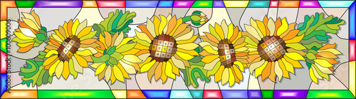 Colorful illustration in stained glass style with flowers, leaves and buds of the sunflower