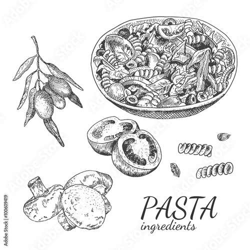 Ink hand drawn pasta ingredient set