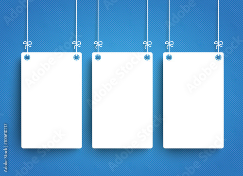 3 White Hanging Paper Frames Blue Background