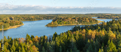 Autumn forest and lake, view from the top, Finland, Aland Islands