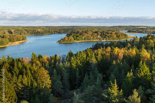 Autumn day, forest and lake, view from the top, Finland, Aland Islands