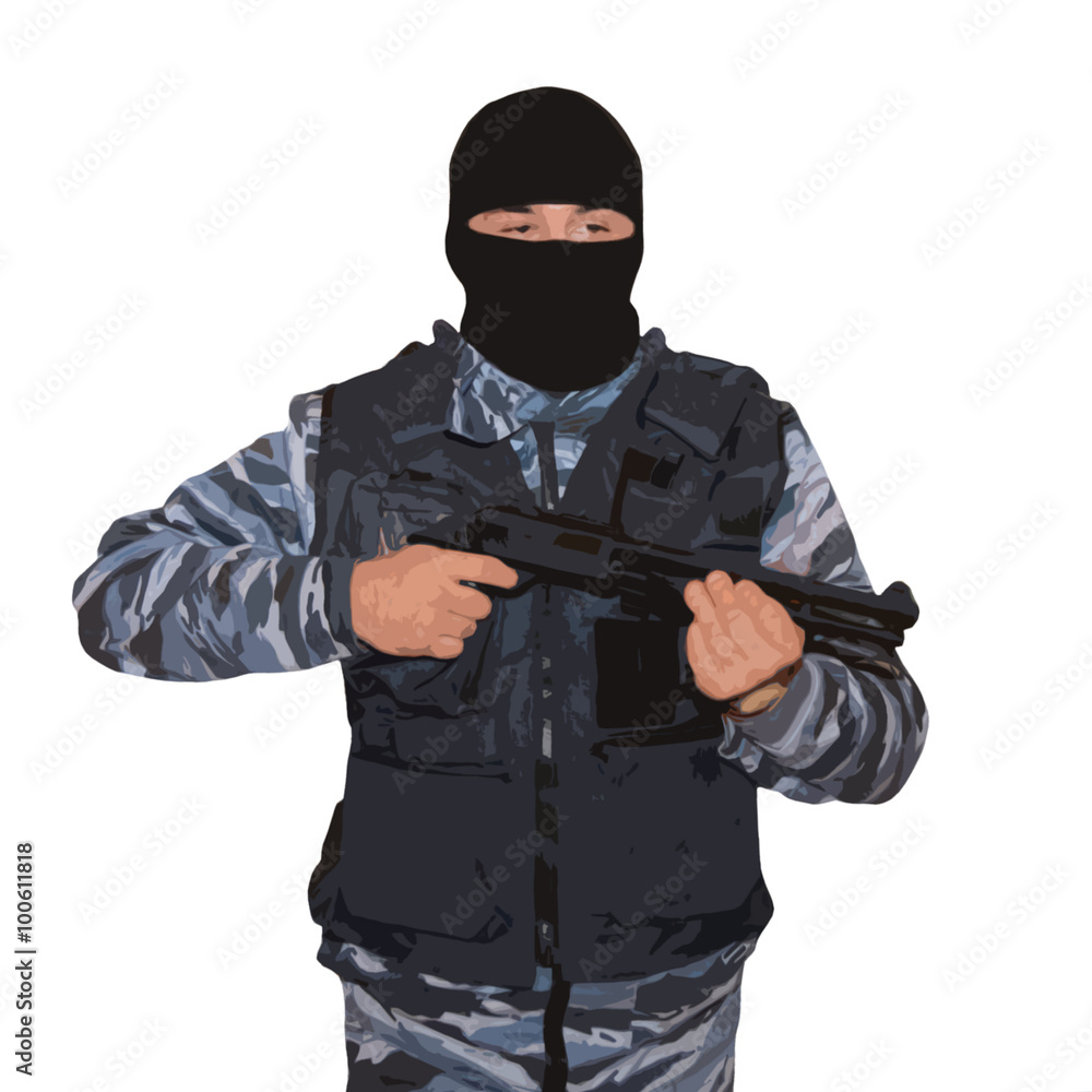Commando soldier in uniform with a gun. Warrior with a gun. Fighter special  forces units. Commandos on white background. Soldier isolated. Universal  soldier. Military soldier. Warrior in the mask. Stock Illustration