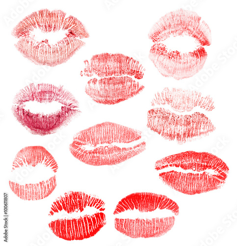 set of  ten red lips imprint isolated on white