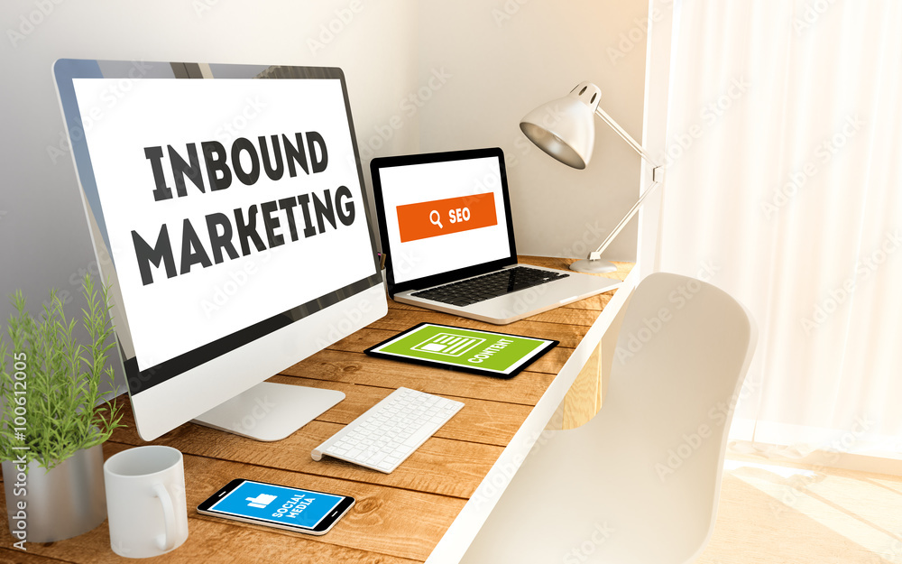 Naklejka premium Inbound Marketing concept in laptop, computer, tablet and smart