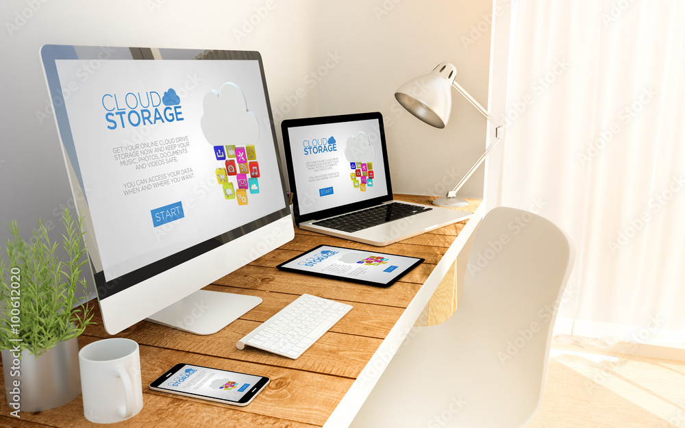 Naklejka premium cloud storage in laptop, computer, tablet and smart phone