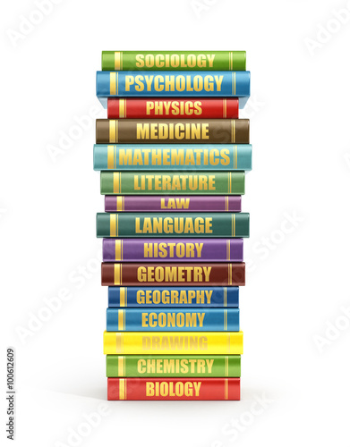 3d render of stack old colorful school books on a white backgrou