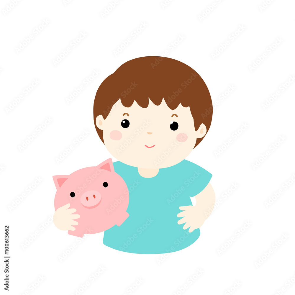 boy save money in piggy bank vector boy save money in piggy bank vector