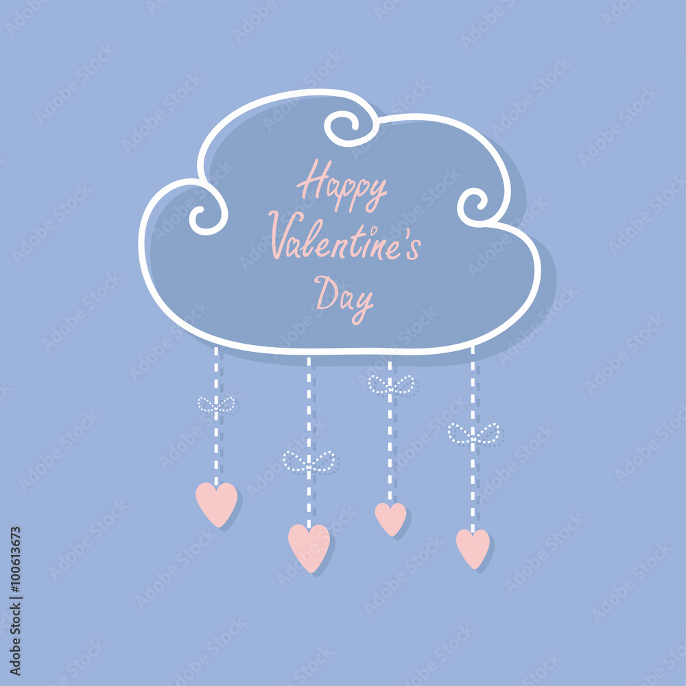 Naklejka premium Happy Valentines Day. Love card. Cloud with hanging rain button drops, bow. Heart shape. Dash line Flat design Rose quartz serenity color background