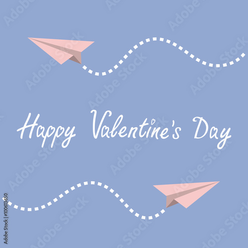 Happy Valentines Day. Love greeting card. Two origami paper plane. Dash line in the sky. Flat design. Serenity, pink rose quartz color.