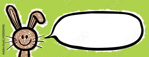 Lustiger Hasenkopf mit leerer Sprechblase auf grünem Hintergrund / Kreidezeichnung / Vektor