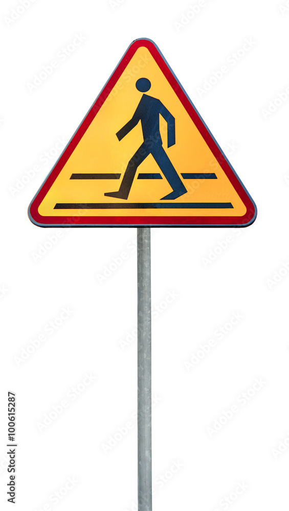 Warning traffic Pedestrian traffic road sign on rod Warning traffic Pedestrian traffic road sign on rod