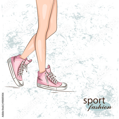 Female slim legs in the sneakers. Vector