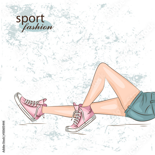 Female slim legs in the sneakers. Vector