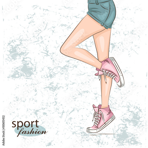 Female slim legs in the sneakers. Vector