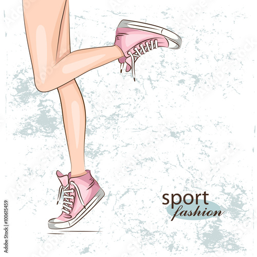 Female slim legs in the sneakers. Vector