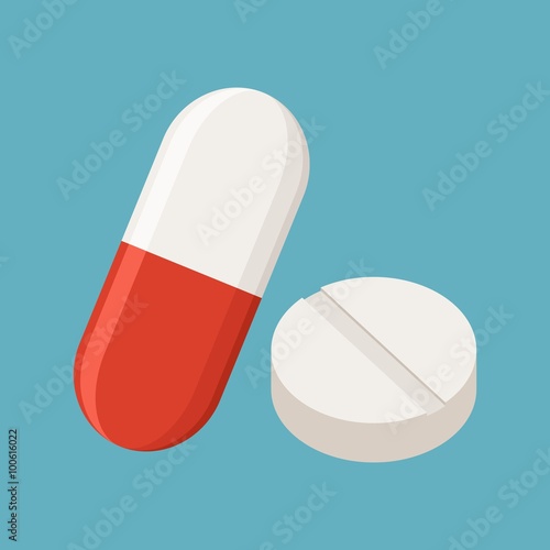 Drugs and Pills on blue background, Medical pill, Tablet symbol