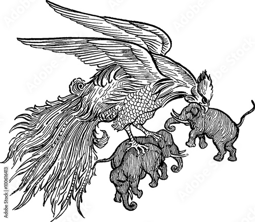 Antique image Mythological Bird Roc with Elephants
