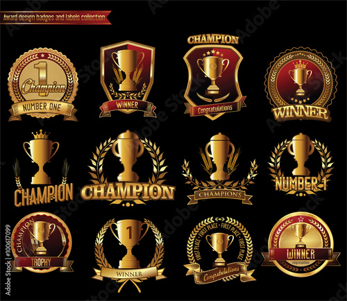 Gold trophy and medal with laurel wreath vector illustration