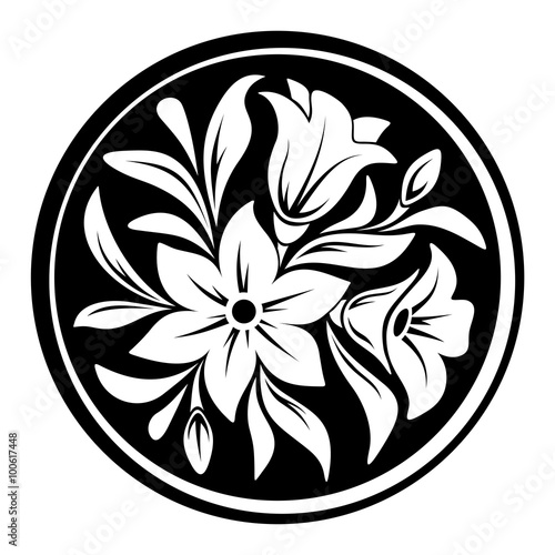 White flower ornament on a black circle background. Vector illustration.