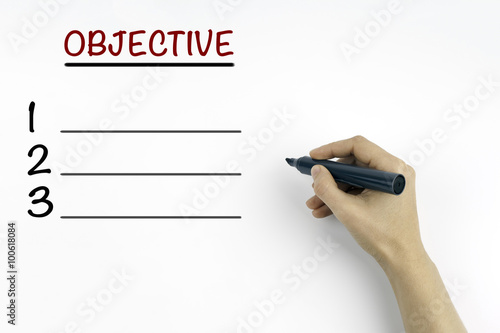 Hand with marker. Objective blank list, business concept