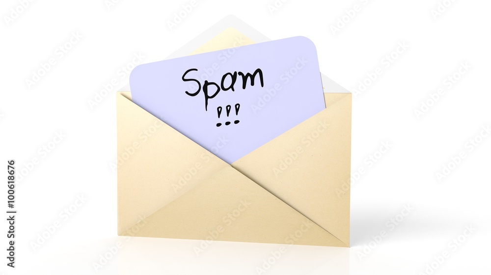 Open yellow envelope with Spam! note, isolated on white. Open yellow envelope with Spam! note, isolated on white.