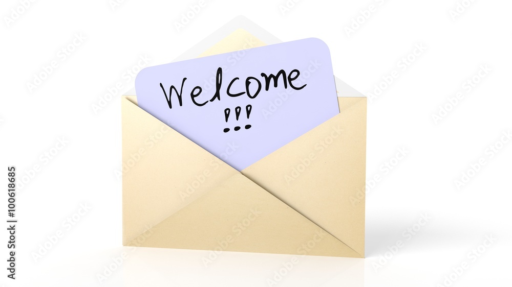 Open yellow envelope with Welcome! note, isolated on white. Open yellow envelope with Welcome! note, isolated on white.