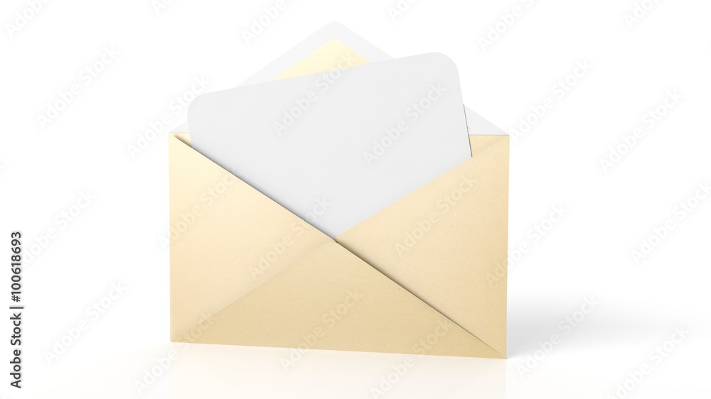 Open yellow envelope with white blank paper sheet, isolated on white. Open yellow envelope with white blank paper sheet, isolated on white.