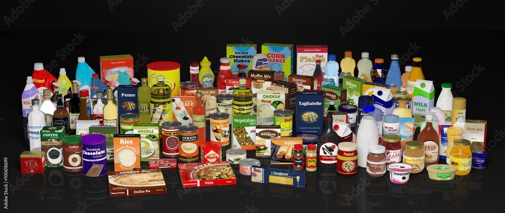 Various grocery products, on black background with reflections.