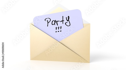 Open yellow envelope with Party! note, isolated on white.