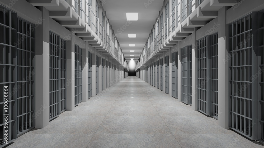 Rows of prison cells, prison interior. - obrazy, fototapety, plakaty 