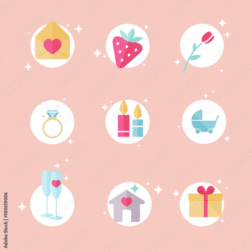Set of love, romantic and family icons. Valentine's day objects. Set of love, romantic and family icons. Valentine's day objects.