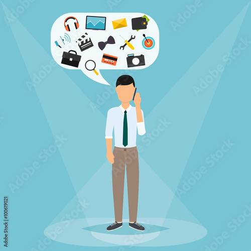 Man talking on mobile phone. Speech Bubbles with icons technolog