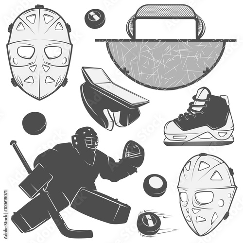 Set of vintage ice hockey goalkeeper design elements for emblems