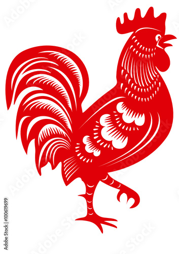 Rooster. Cock. Symbol of Chinese year zodiac. Paper cut style.