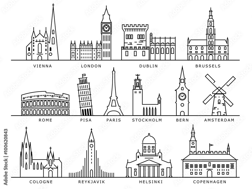 14 European Cities Landmarks, Linear Vector Style