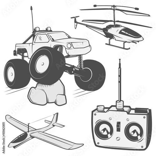 Set of radio controlled toys design elements for emblems, icon, tee shirt ,related emblems, labels