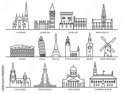 14 European Cities Landmarks, Linear Vector Style