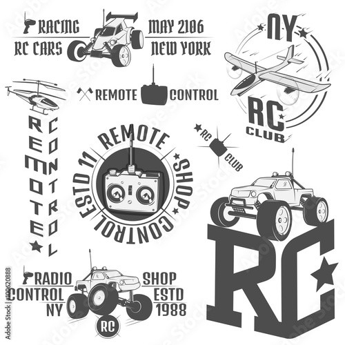 Set of radio controlled machine emblems,RC, radio controlled toys design elements for emblems, icon, tee shirt ,related emblems, labels
