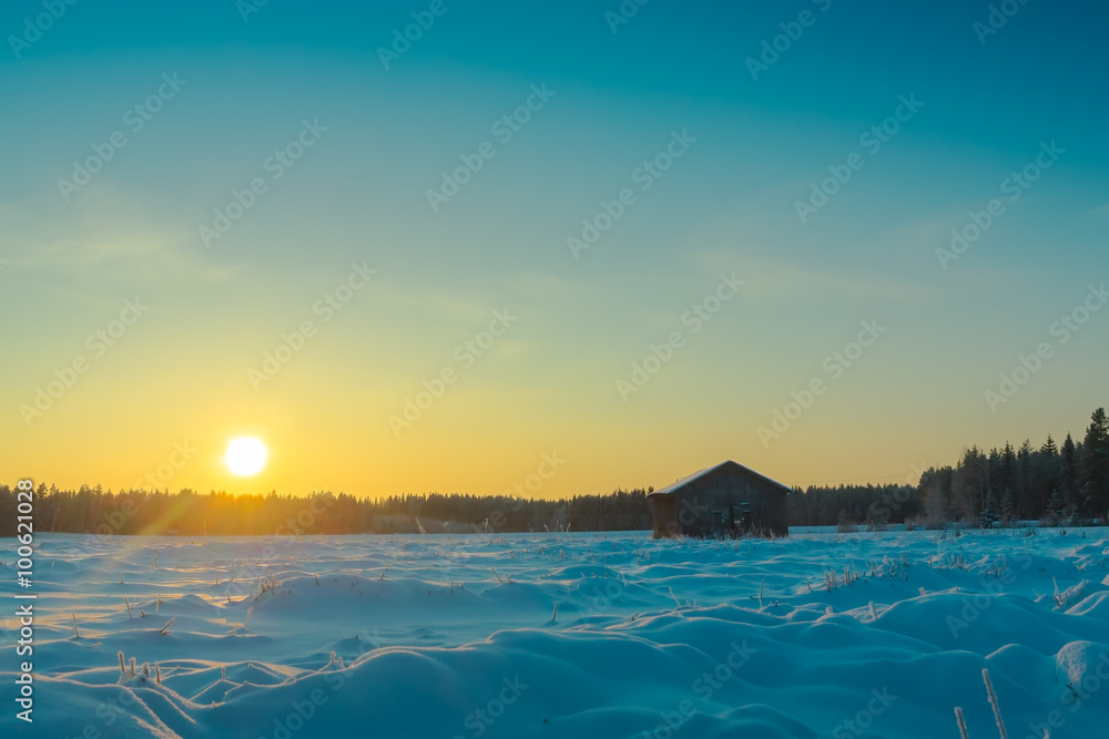 Winter Sunset And Barn