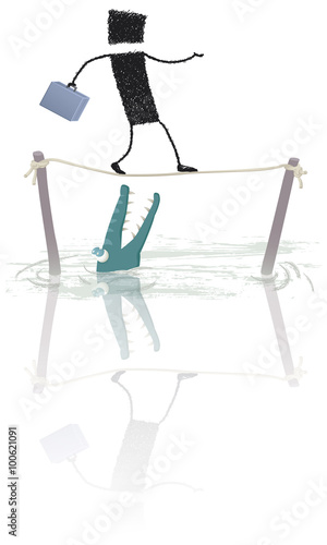Tightrope walker. A person walking on a wire. Below is a hungry crocodile