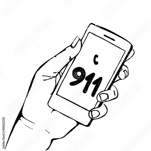 Hand holding mobile phone with number 911